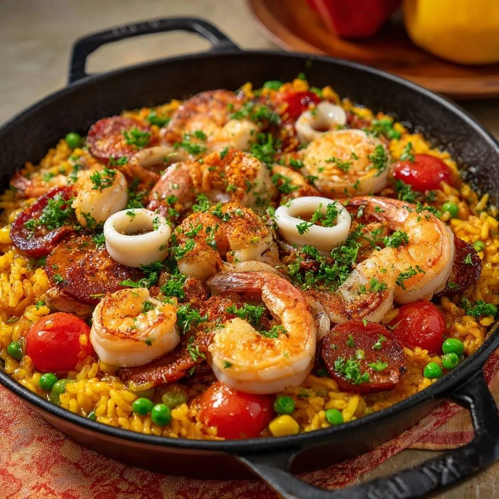 Seafood paella with foolproof socarrat crust, showcasing shrimp, calamari, chorizo, and peas in a close-up view.