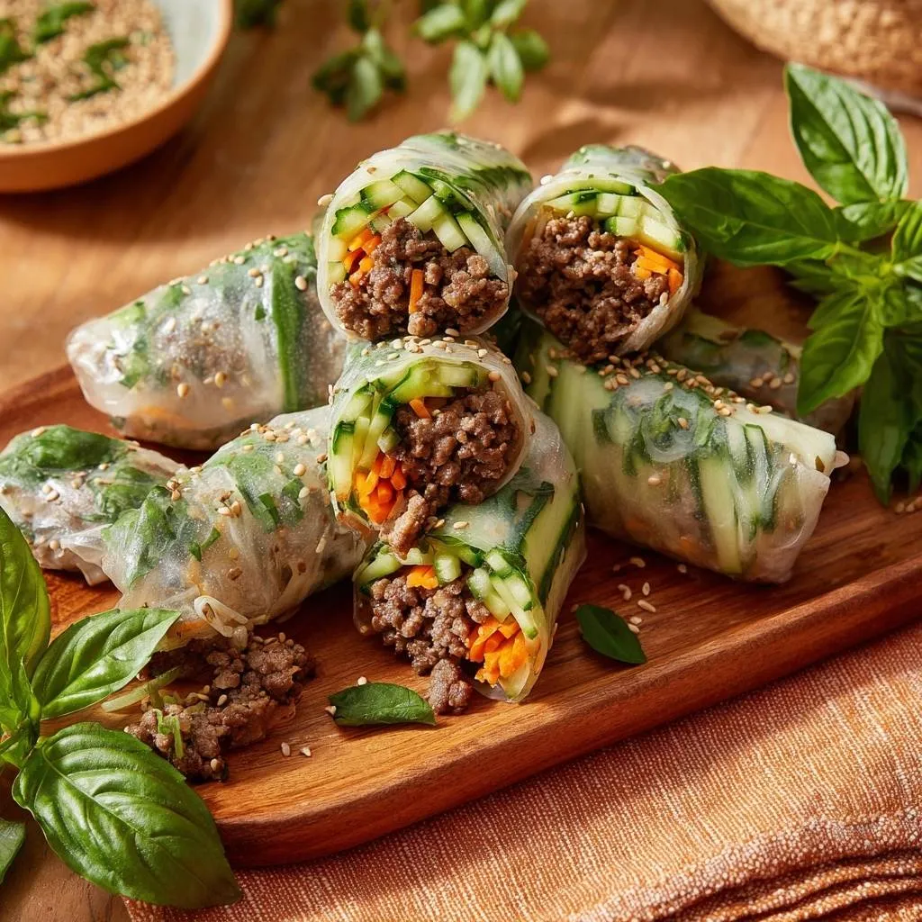 Sesame beef spring rolls with cucumber and carrot shown in a close-up cross-section revealing the fresh ingredients inside.