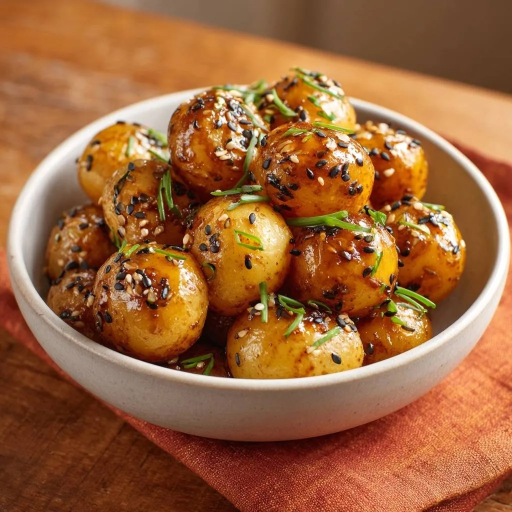 Sesame glazed baby potatoes with sticky shine, garnished with sesame seeds and chives in a white bowl.