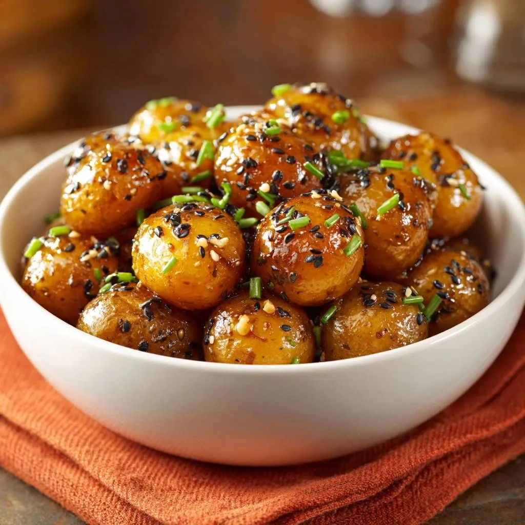 Sesame glazed baby potatoes with sticky shine, garnished with black sesame seeds and chives in a white bowl.