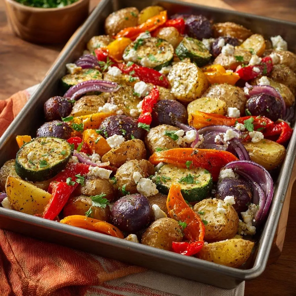 Sheet pan potatoes, peppers & zucchini with feta served in a baking tray, viewed from directly overhead.