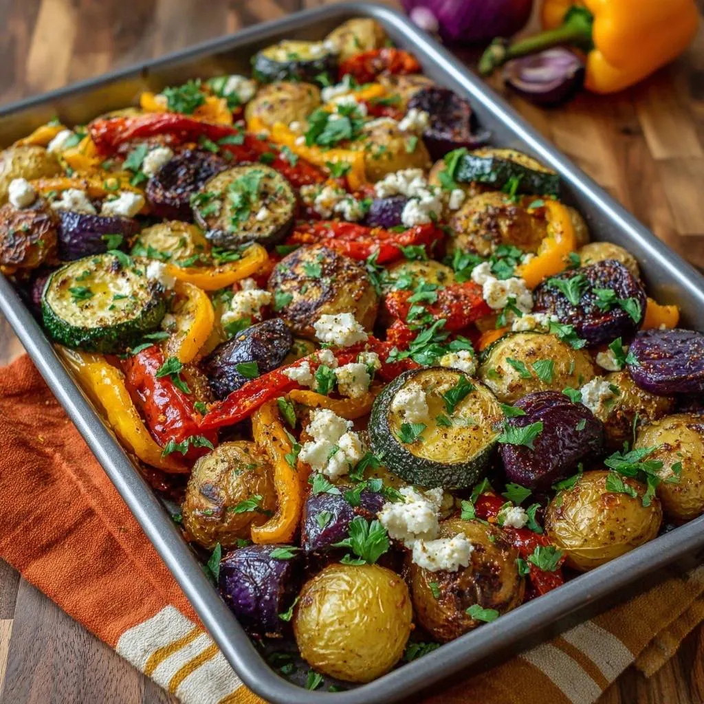 Crispy sheet pan potatoes, peppers & zucchini with feta cheese sprinkled over the roasted vegetables.