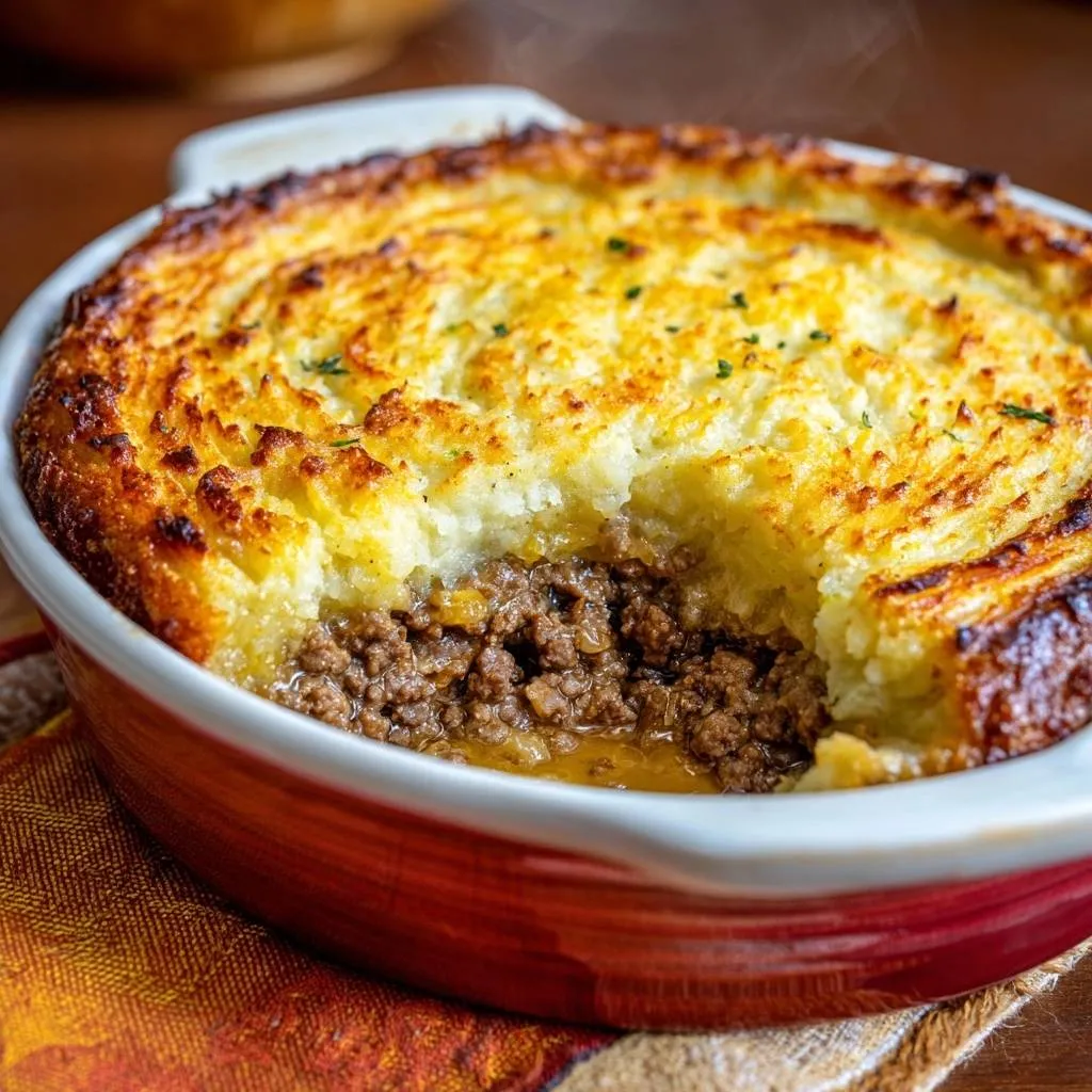 Shepherd's pie with fluffy riced potato topping shown in a close-up cross-section, revealing the savory meat filling below.
