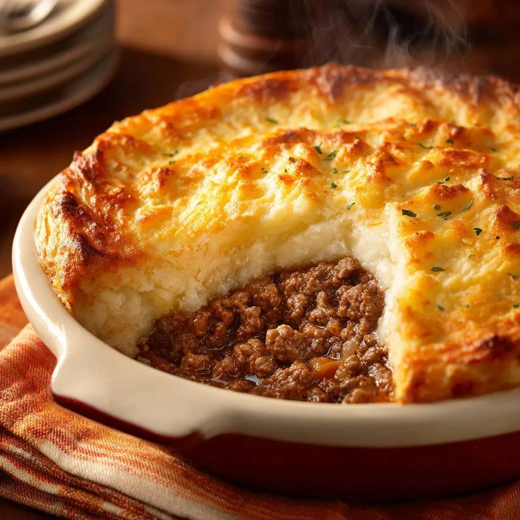 Shepherd's Pie with Fluffy Riced Potato Topping shown in a cross-section, revealing the savory meat filling.