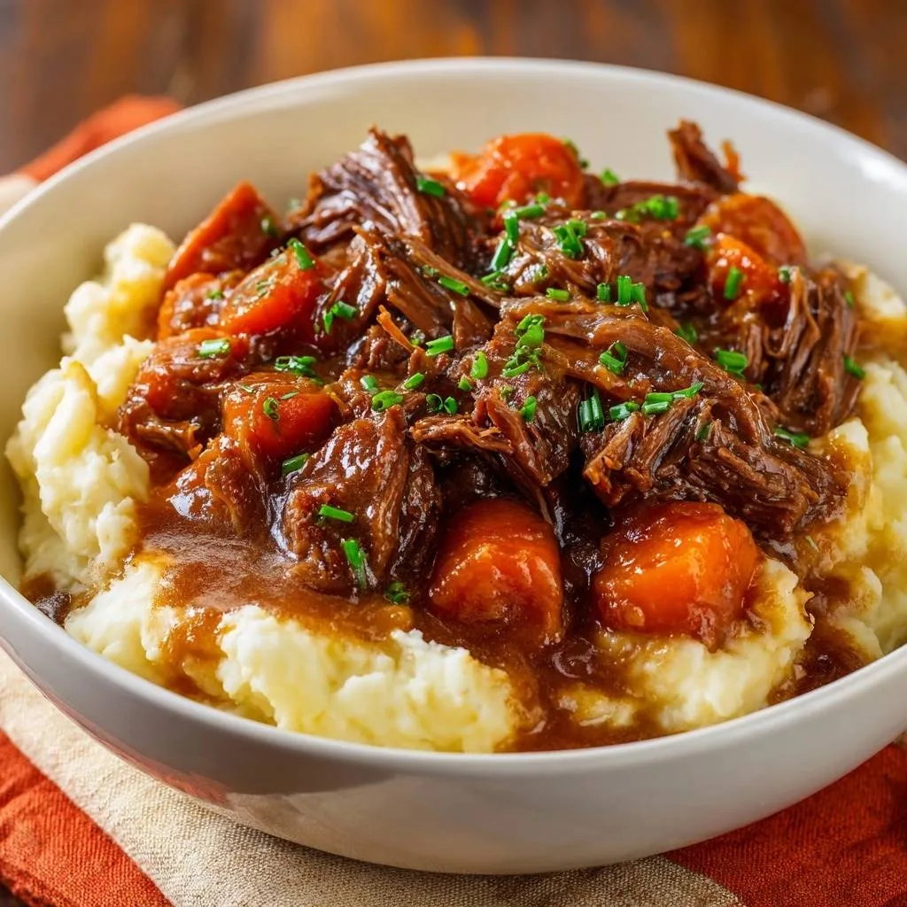 Shredded beef and carrot stew served over creamy mashed potatoes in a white bowl, garnished with fresh chives.