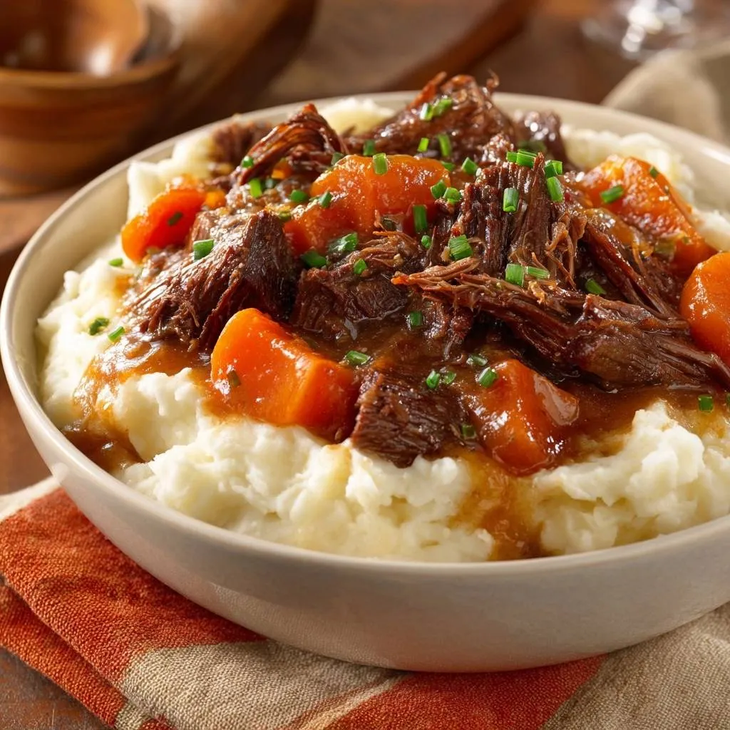 Shredded beef and carrot stew over creamy mash, a close-up view showing the tender meat and fluffy potatoes.