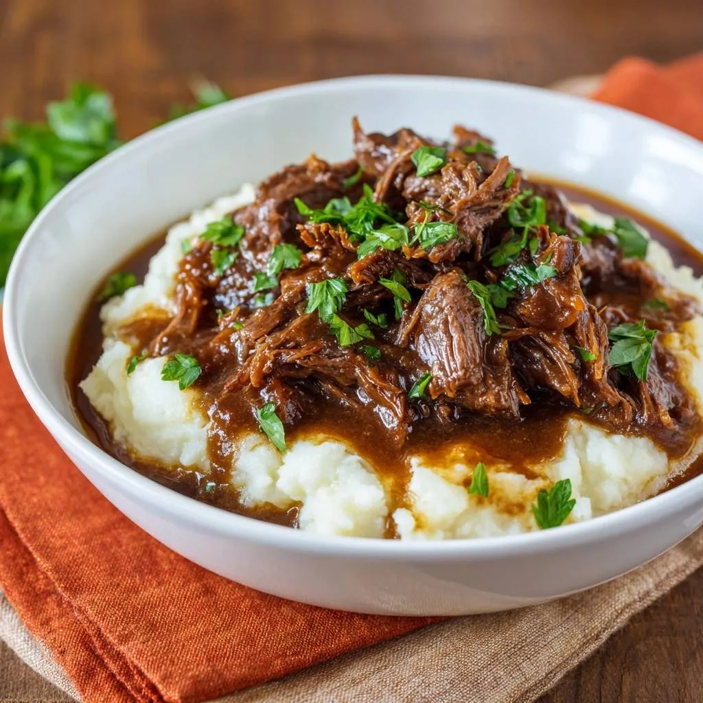 Shredded beef over creamy mashed potatoes, generously garnished with fresh parsley in a white bowl.
