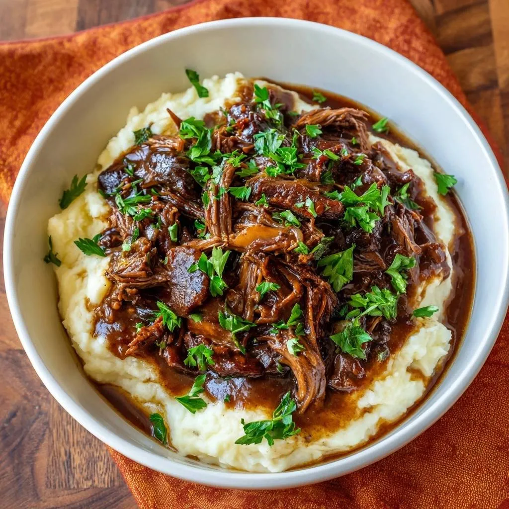 Shredded beef over creamy mashed potatoes served in a white bowl, generously garnished with fresh parsley.
