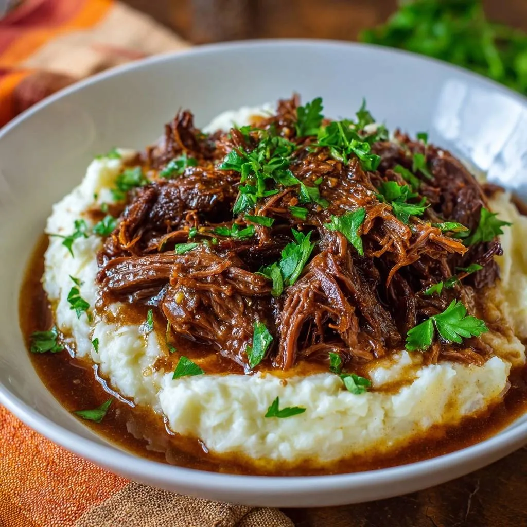 Shredded braised beef over creamy mashed potatoes, generously garnished with fresh parsley in a white bowl.