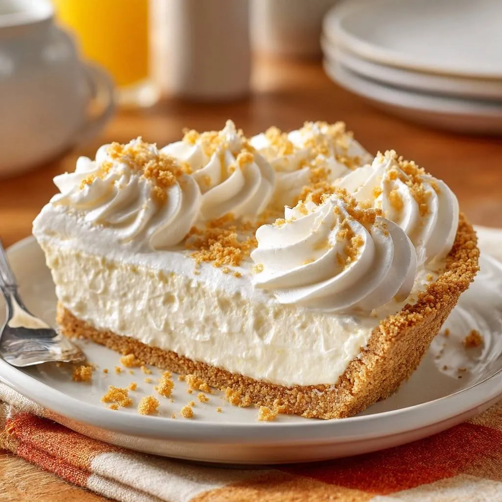 Silky graham cracker cheesecake slice plated on a white dish with whipped cream topping and graham cracker crumbs.