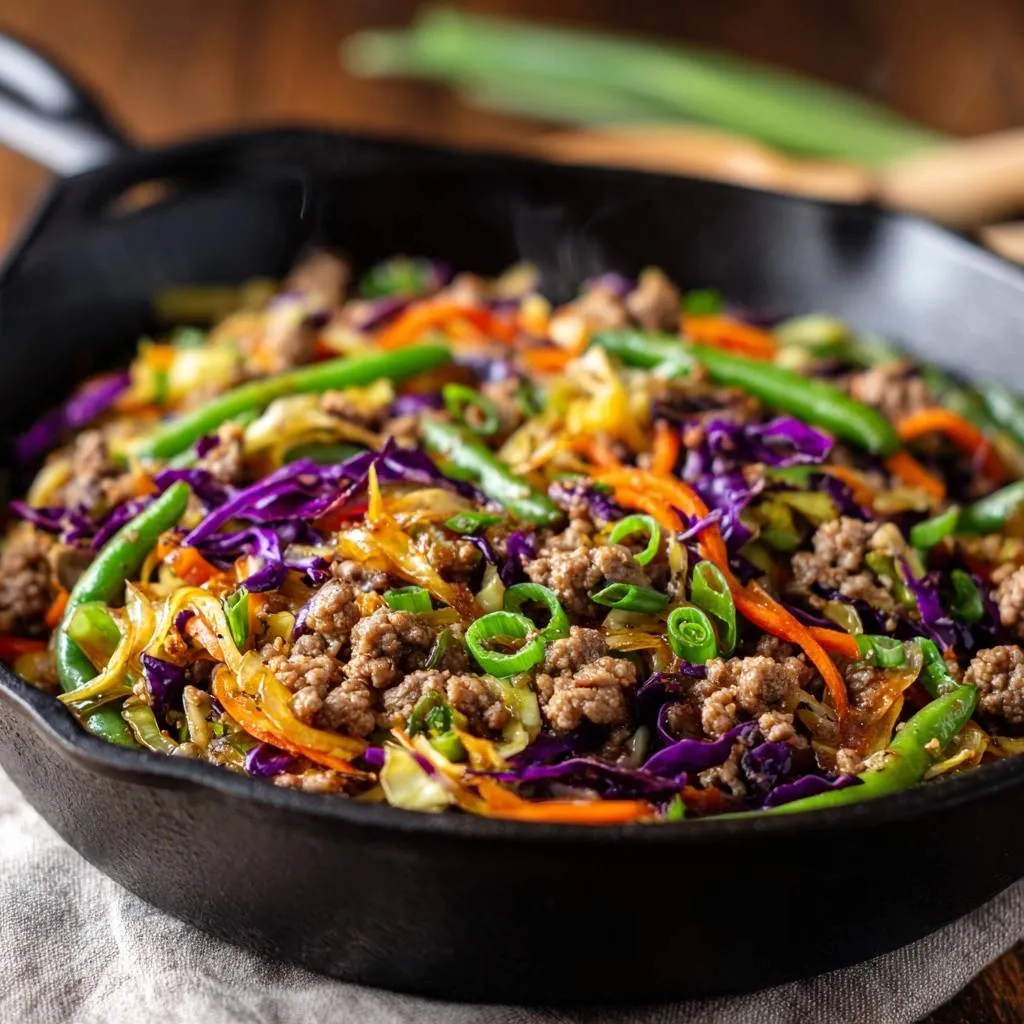 Skillet beef cabbage stir-fry featuring crisp vegetables and juicy beef served in a black cast-iron skillet.
