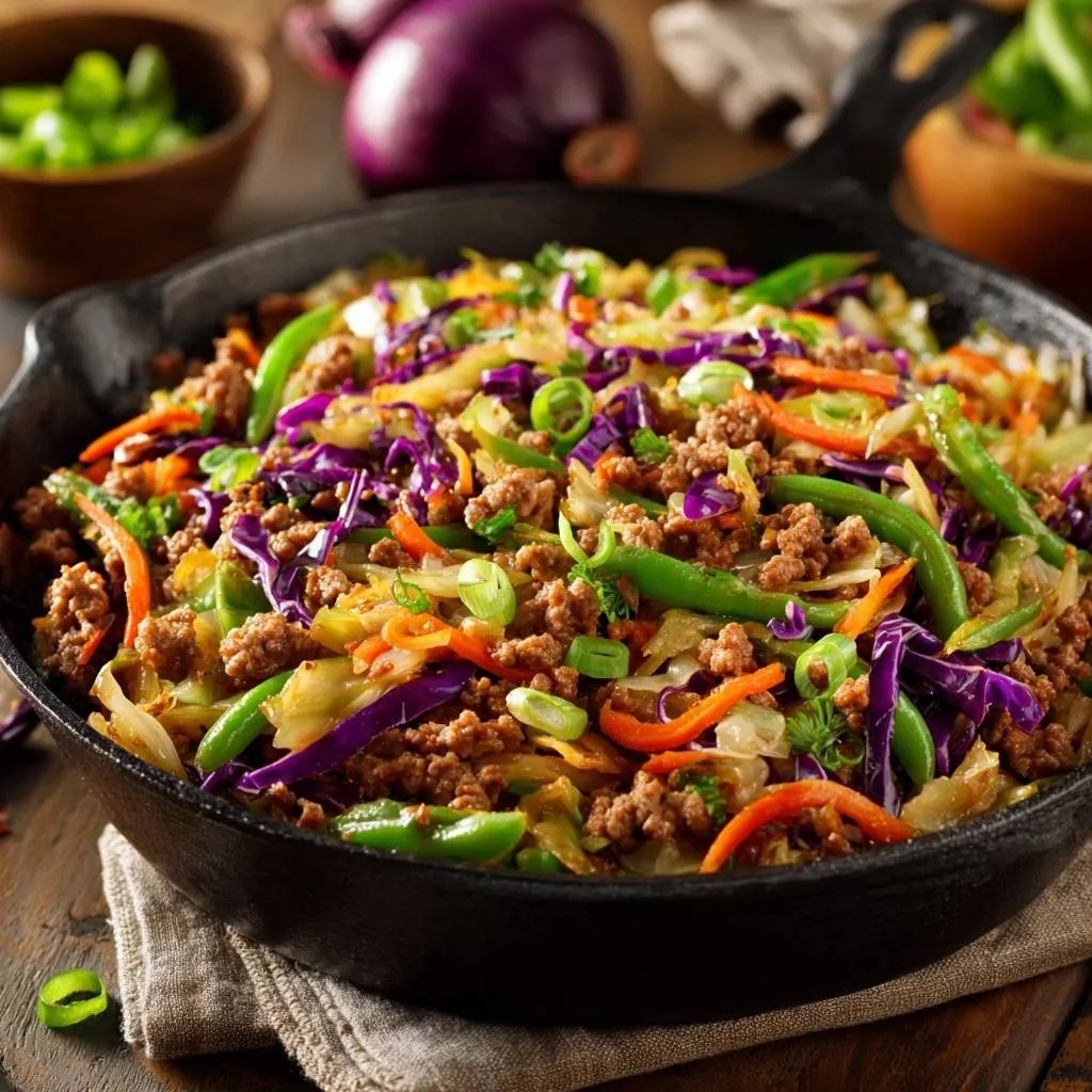 Skillet beef cabbage stir-fry with colorful vegetables served in a rustic cast-iron pan.