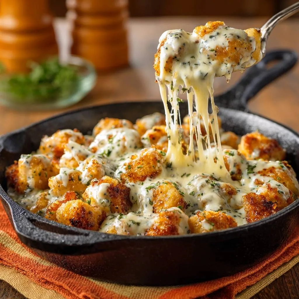 Skillet cheesy chicken bites with a generous cheese pull being lifted by a fork, showcasing a gooey texture.