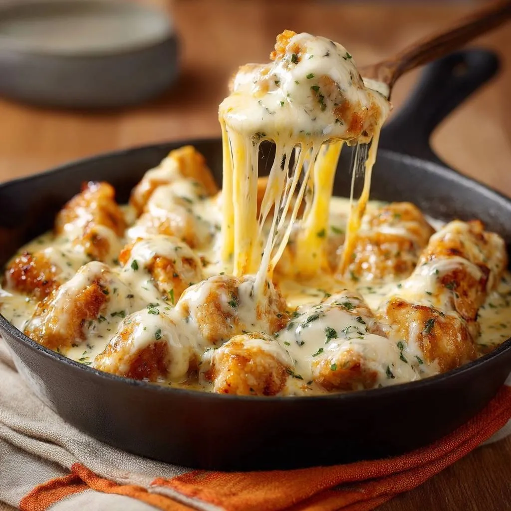 Skillet cheesy chicken bites with a dramatic cheese pull captured on a wooden spoon.