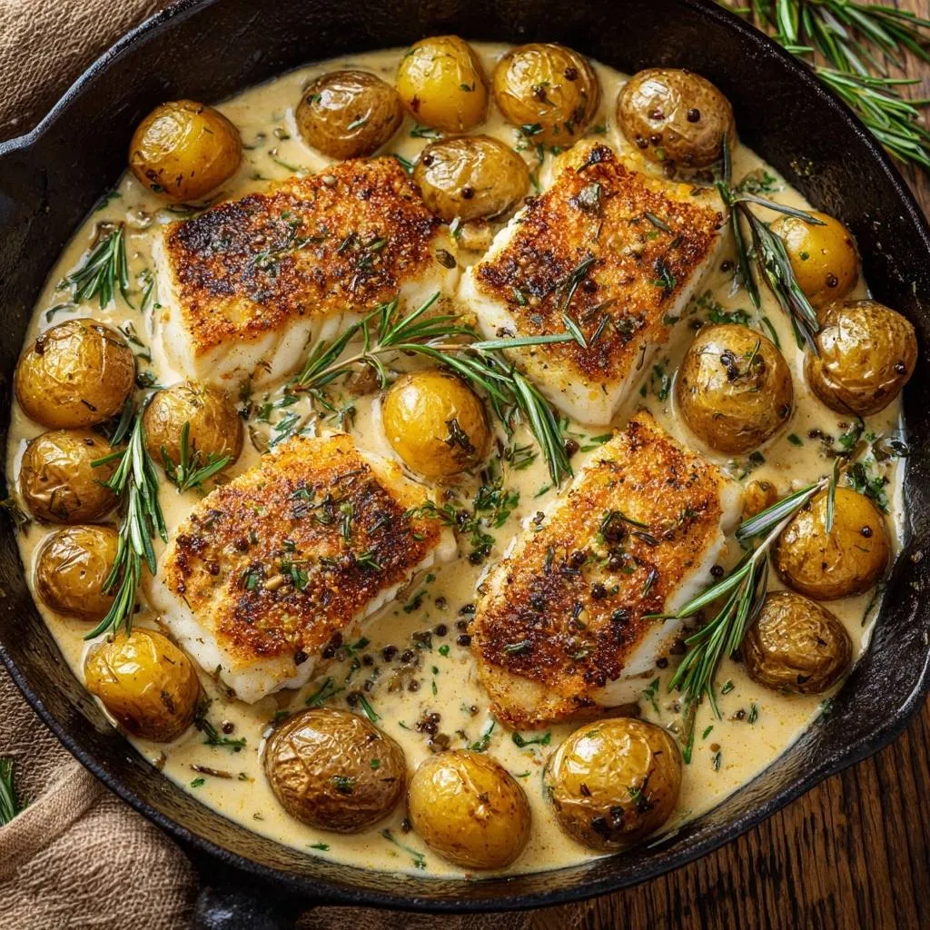 Skillet-seared cod with baby potatoes and rosemary cream sauce, presented in a cast iron pan from an overhead view.