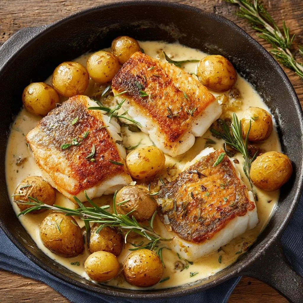Skillet-seared cod with baby potatoes and rosemary cream sauce served in a cast iron skillet, seen from above.