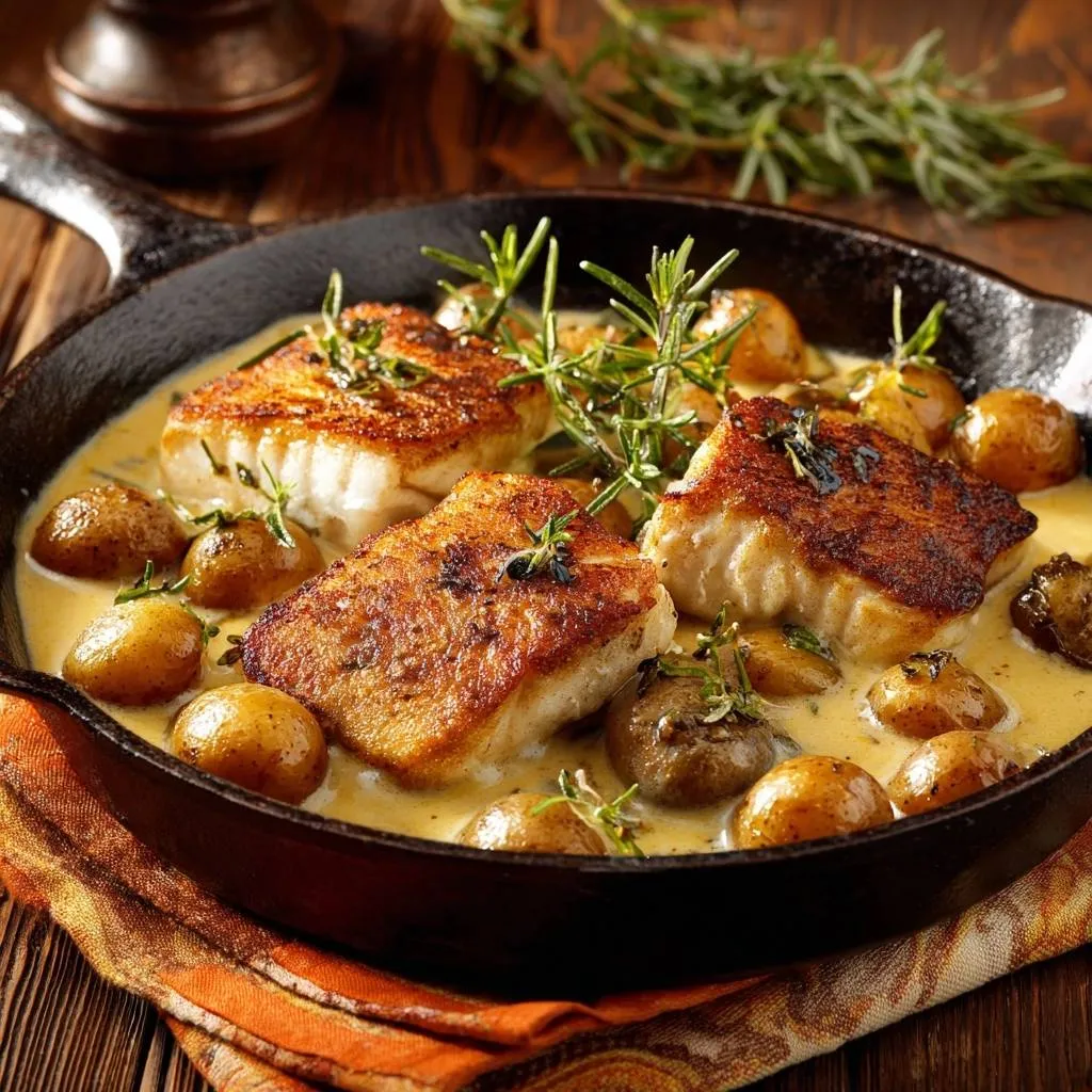 Skillet-seared cod with rosemary cream, baby potatoes, and mushrooms served in a cast-iron pan, close-up view.
