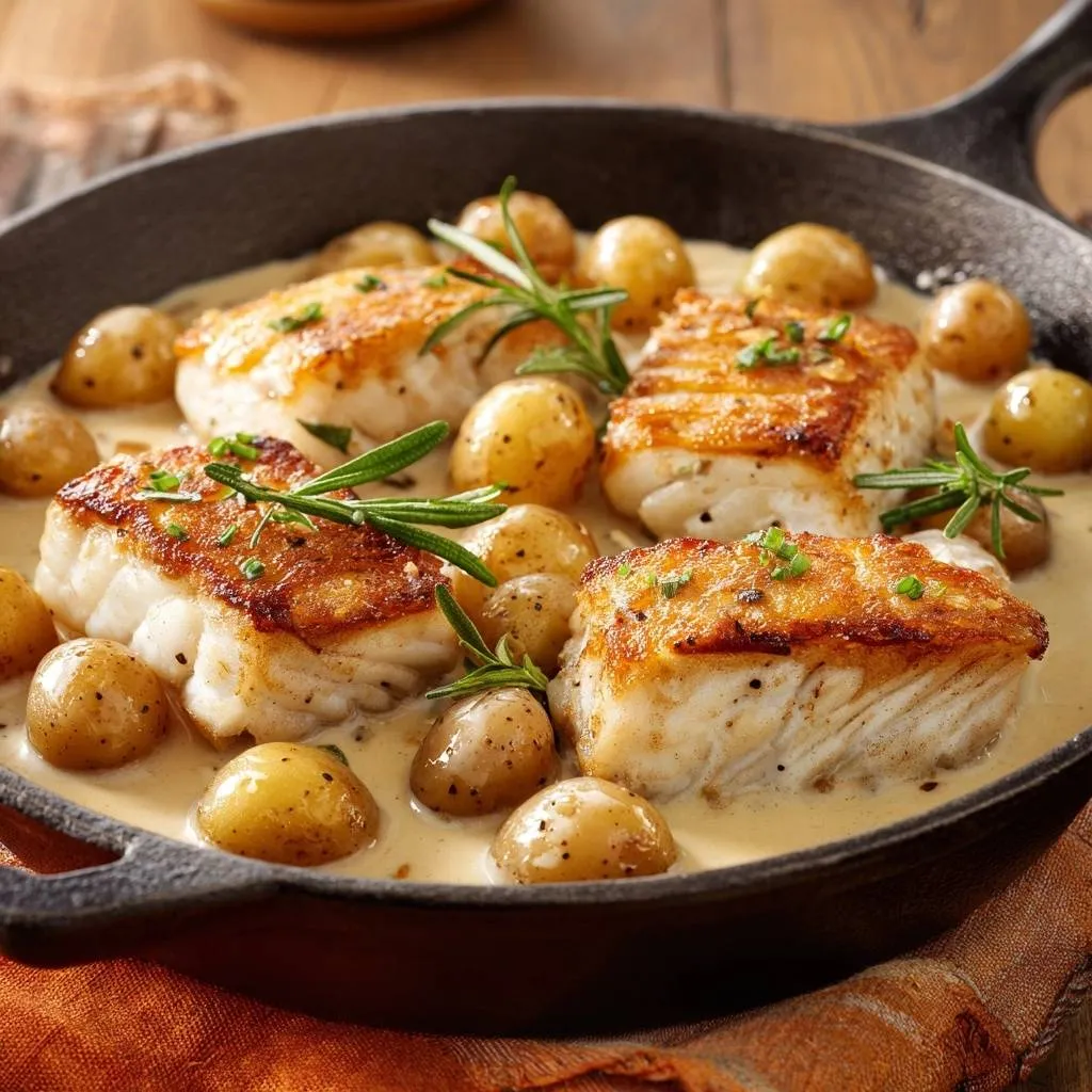 Skillet-seared cod with rosemary cream and baby potatoes, a close-up view of the tender fish and creamy sauce.