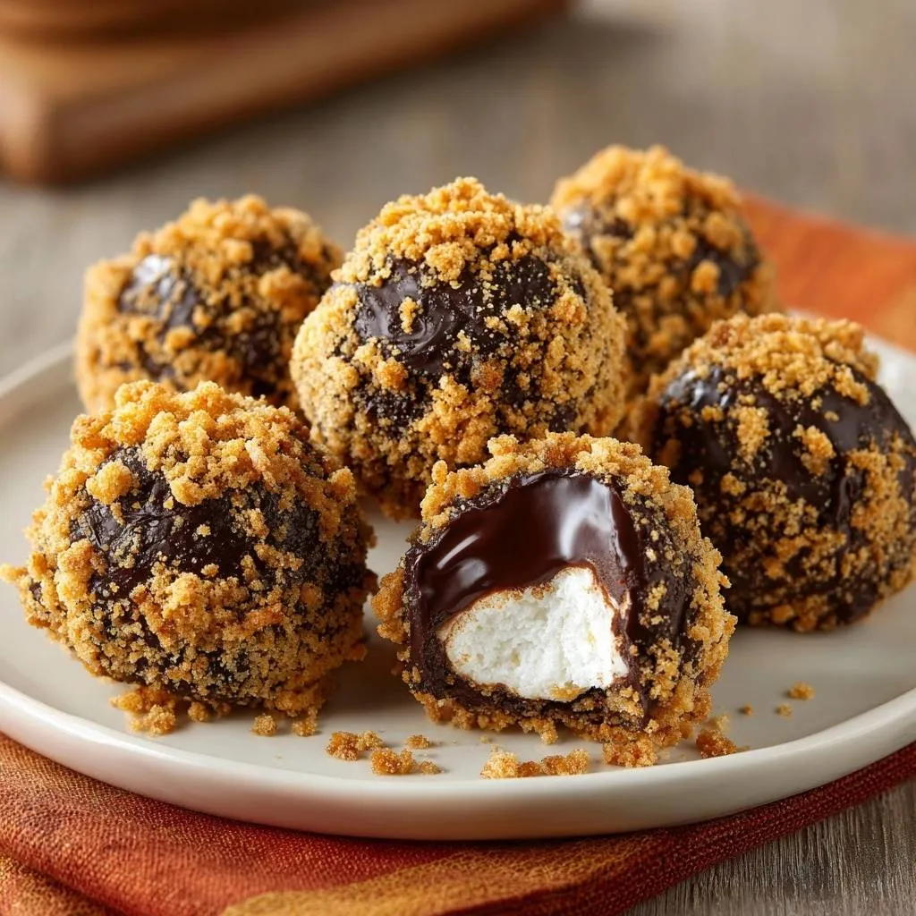 Gooey S'mores Truffles with Lasting Crunch shown in a close-up cross-section revealing the marshmallow center.