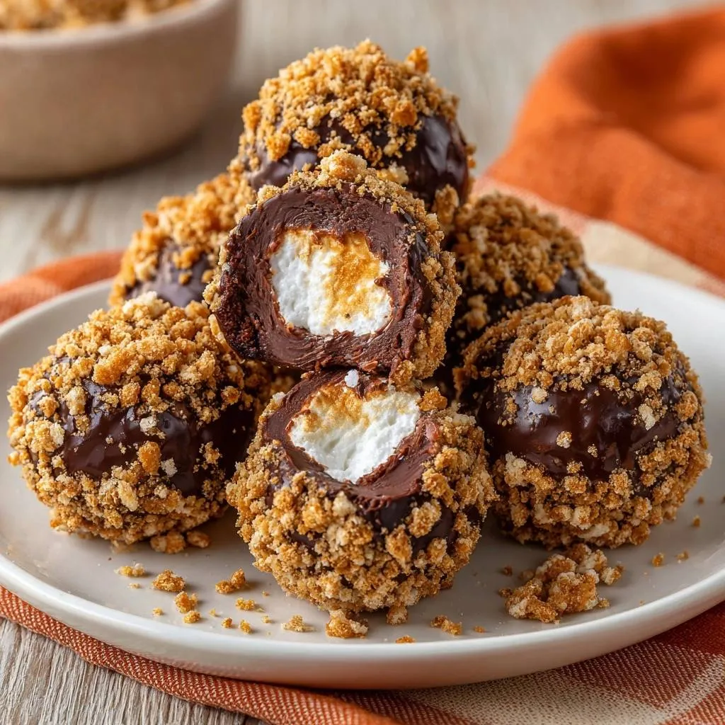 Gooey s'mores truffles with a cross-section revealing toasted marshmallow and chocolate filling.