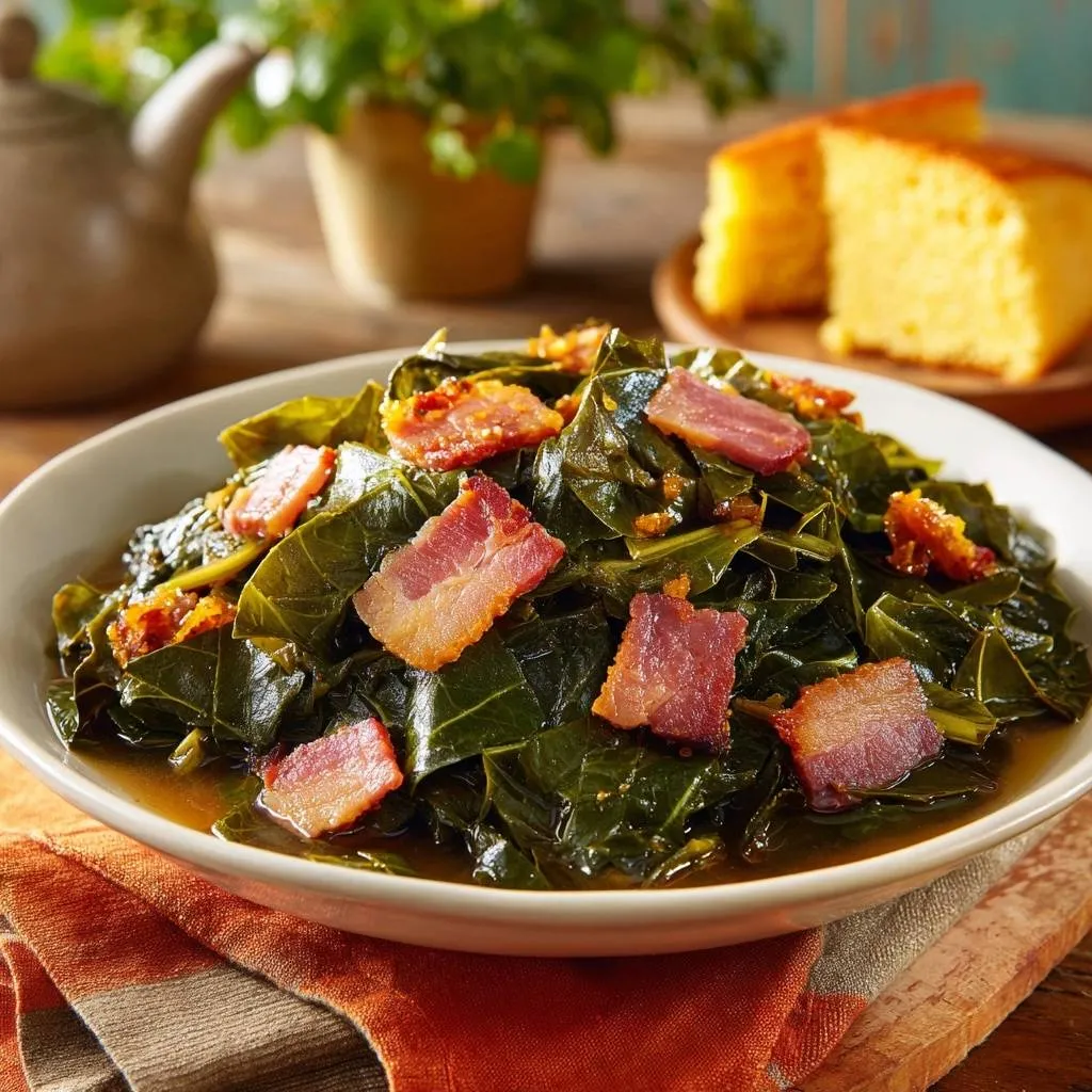 Southern collard greens with bacon in a white bowl, a close-up view showing the tender greens and savory strips of bacon.