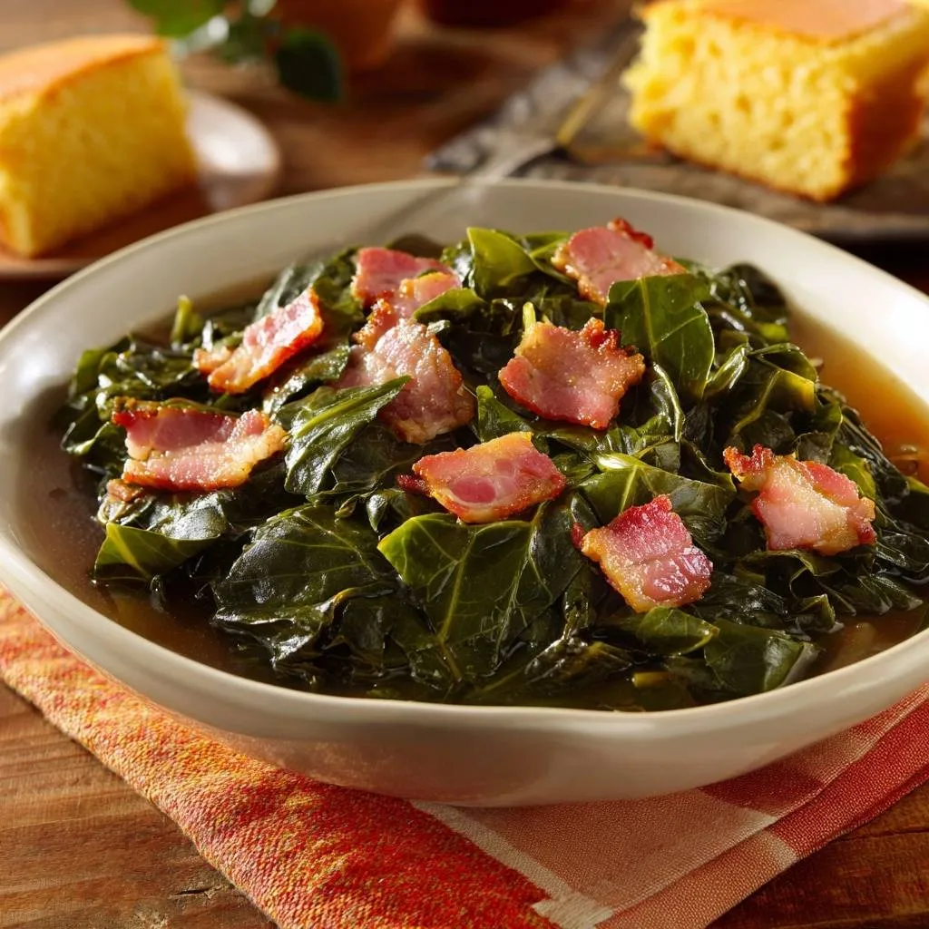 Southern collard greens with bacon served in a bowl, a close-up view with cornbread in the background.
