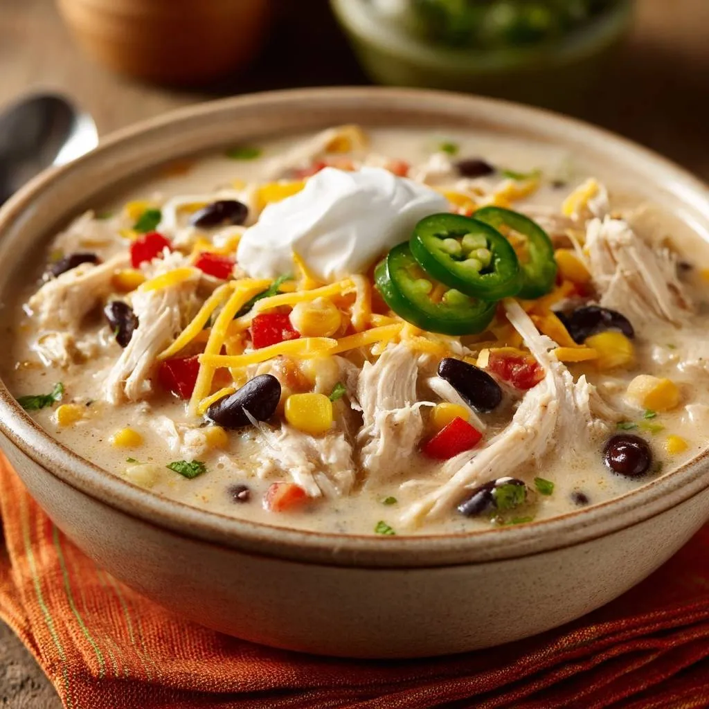Southwest creamy chicken chowder garnished with sour cream, shredded cheese, and jalapeño slices.