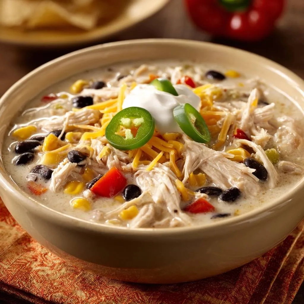 Southwest creamy chicken chowder in a beige bowl, generously garnished with sour cream, shredded cheese, and jalapeño slices.
