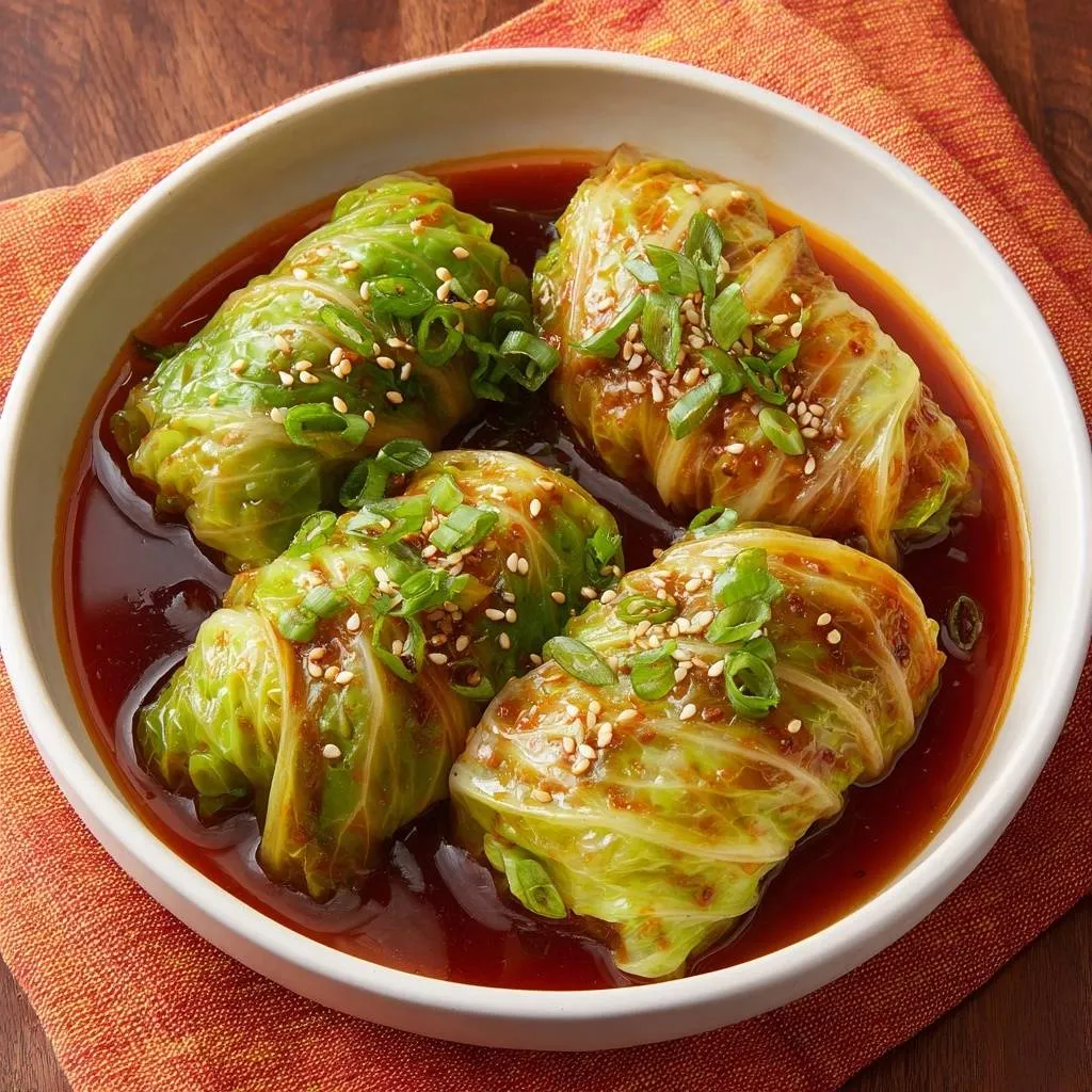 Soy-glazed napa cabbage rolls with tear-free wrapping served in a bowl with a glossy sauce and green onion garnish.