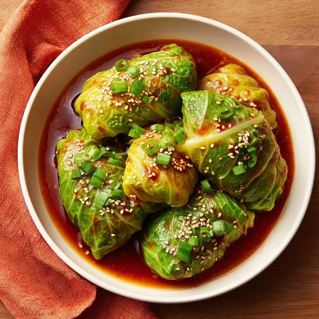 Soy-glazed Napa cabbage rolls with tear-free wrapping served in a white bowl, garnished with sesame seeds and green onions.