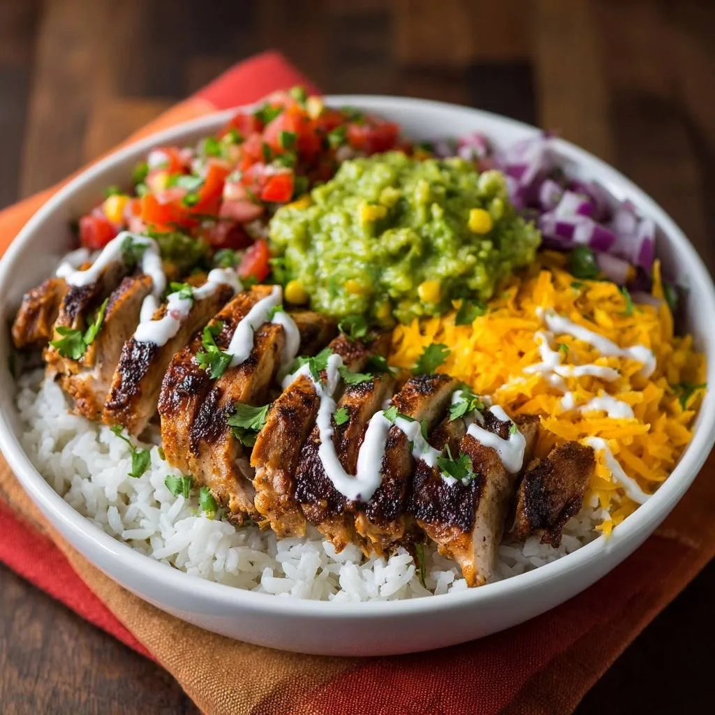 Soy glazed salmon with chimichurri, sliced and served over rice with fresh toppings.