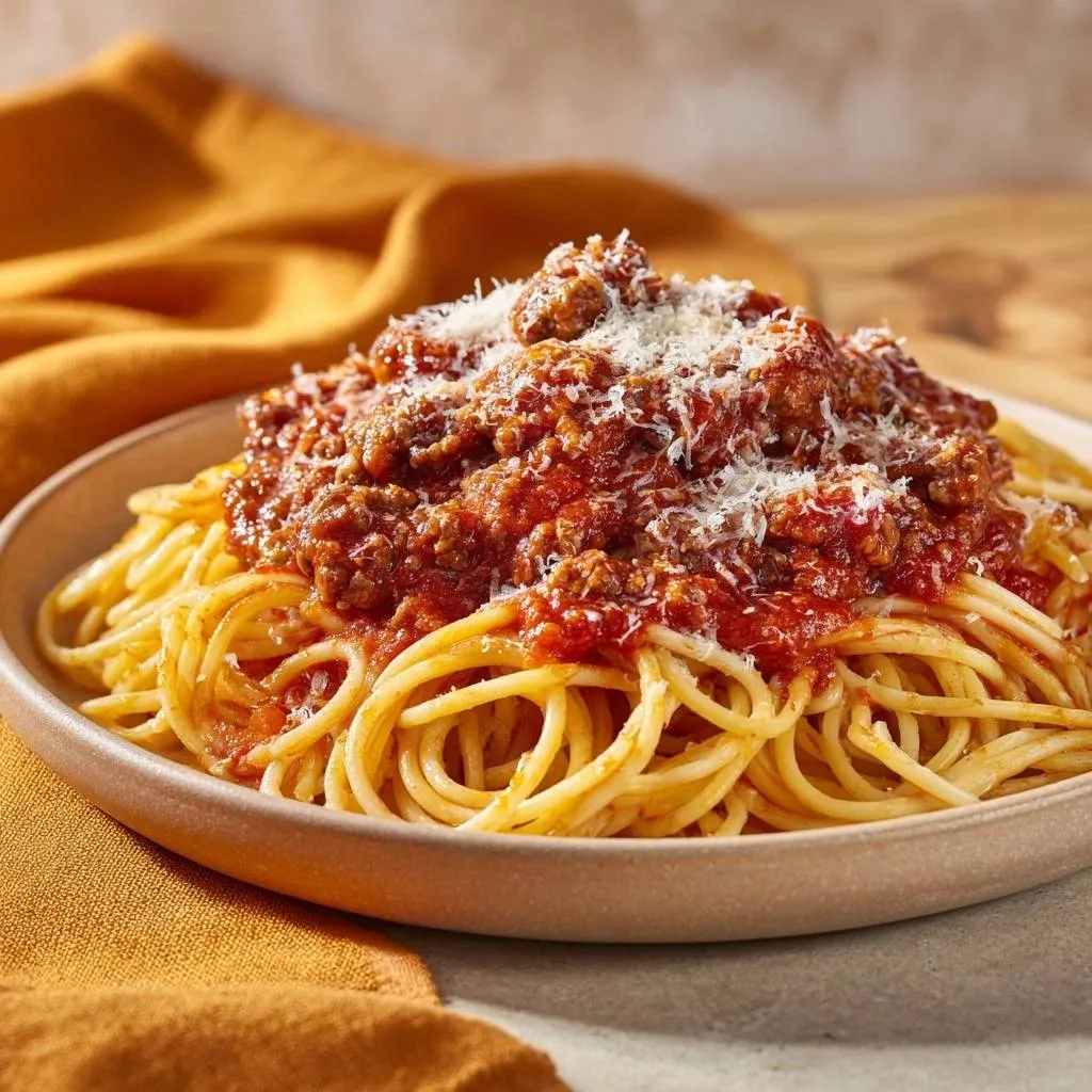 Spaghetti with meat sauce served on a plate, showing a close-up of the clingy sauce and grated cheese topping.