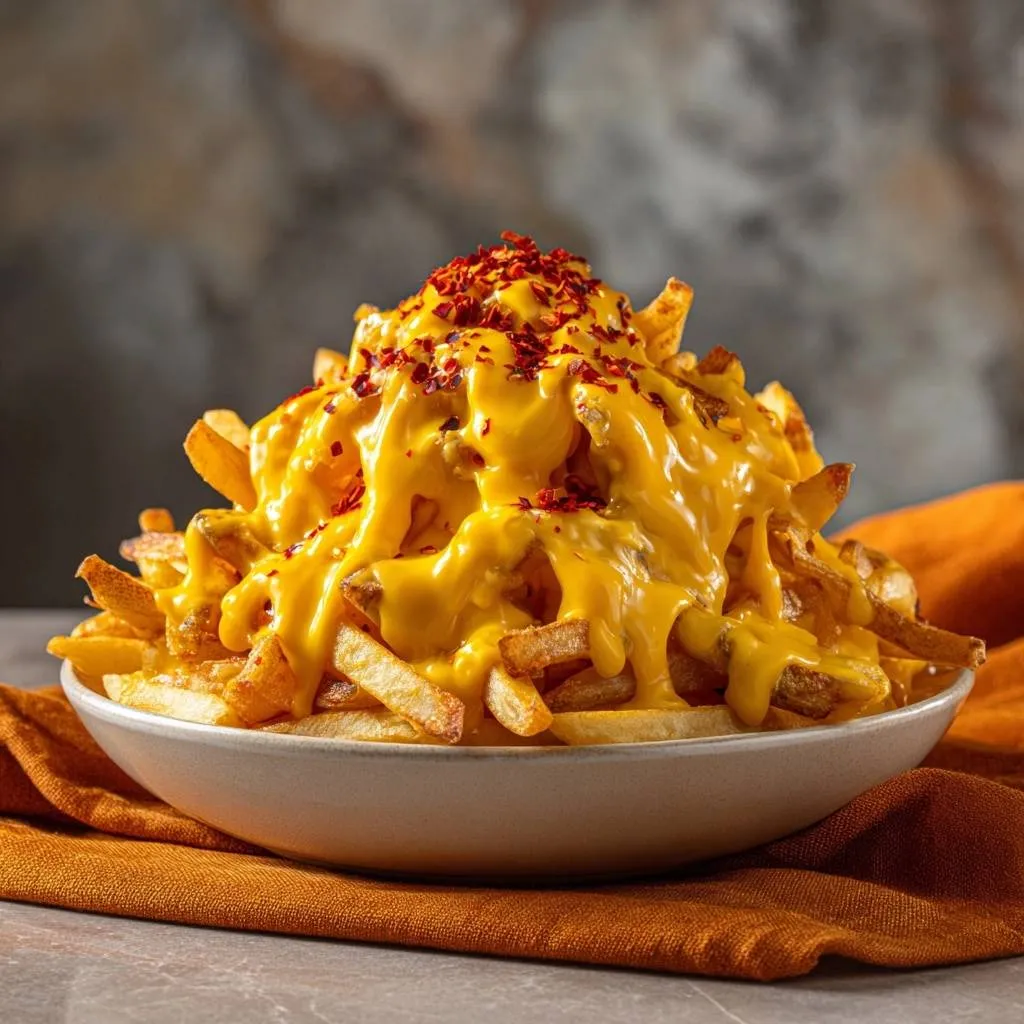 Spicy bacon cheese fries loaded high in a bowl, topped with melted cheese and chili flakes.