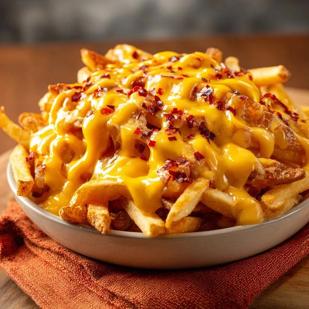Spicy bacon cheese fries with a gooey melted cheese topping and chili flakes, presented in a close-up view.