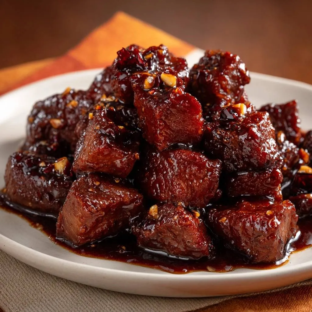 Spicy glazed beef bites with peanuts shown in a close-up detail shot on a white plate.