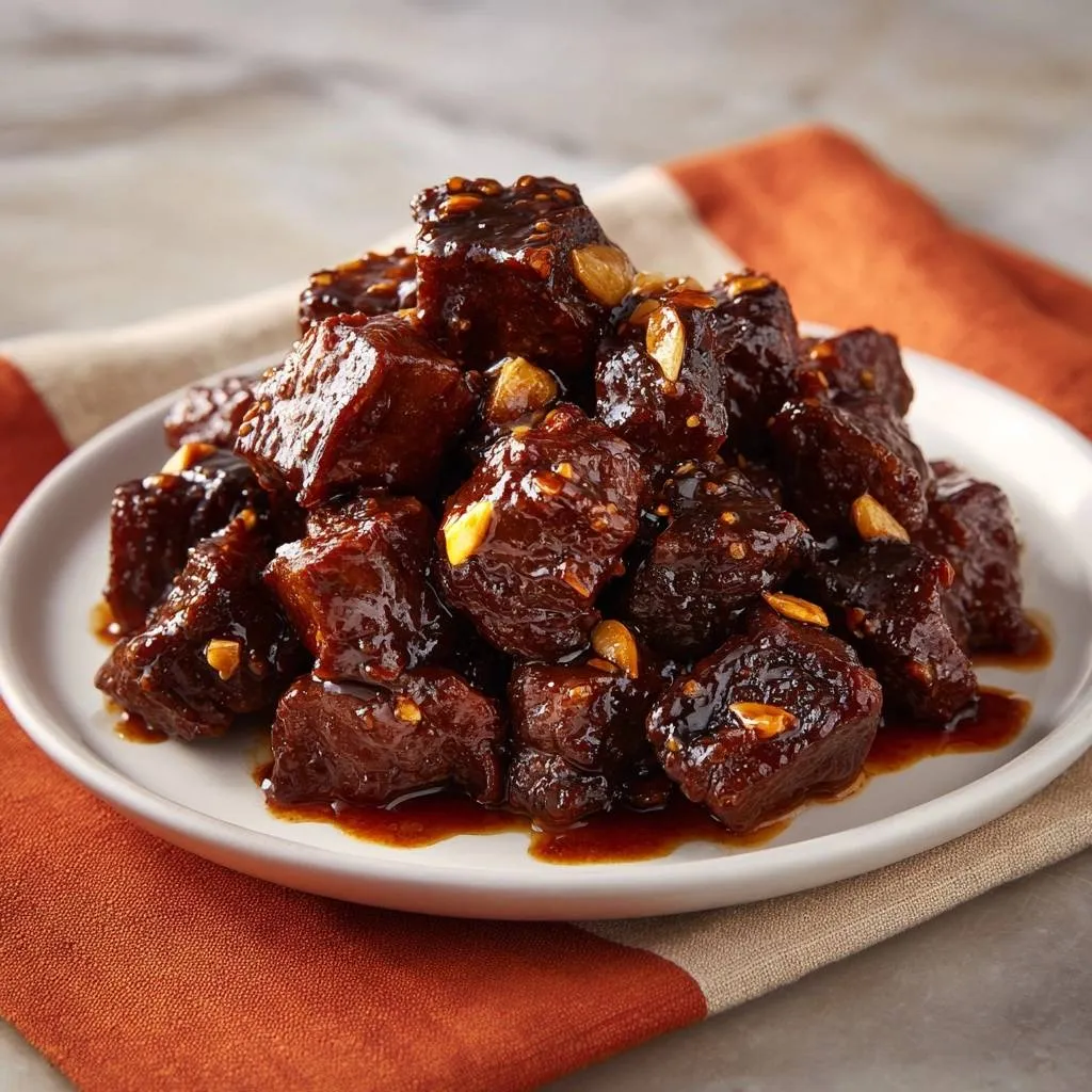 Spicy glazed beef bites with peanuts piled on a white plate, showing a glossy sauce and garlic pieces.