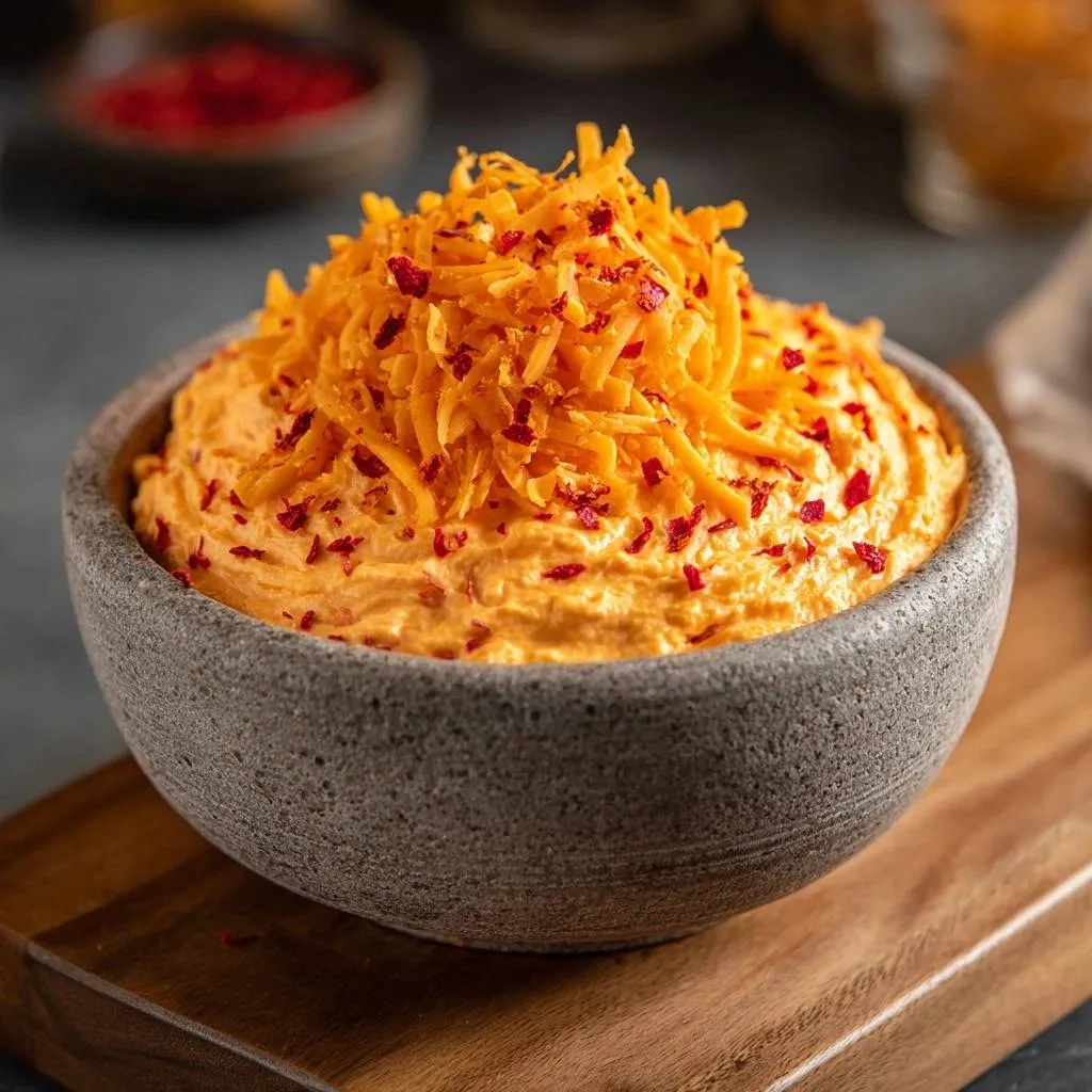 Spicy Pimento Cheese Dip with a generous topping of shredded cheese and red pepper flakes.