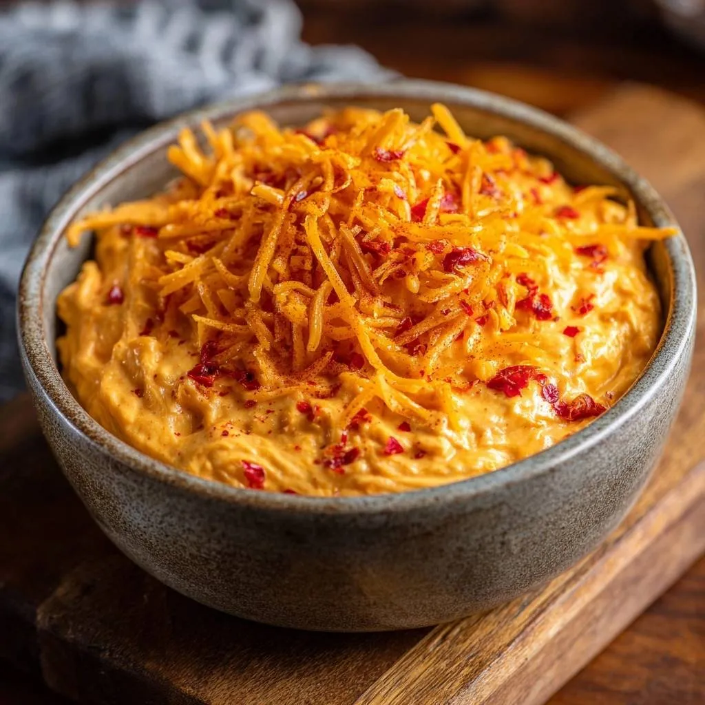 Spicy pimento cheese dip with a shredded cheese and chili flake topping in a rustic bowl.