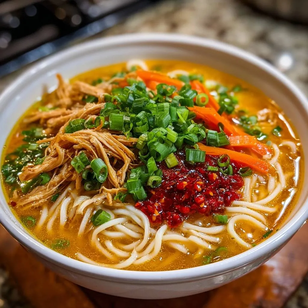 Spicy shredded chicken ramen with a close-up view of the chili oil and chopped scallion topping.