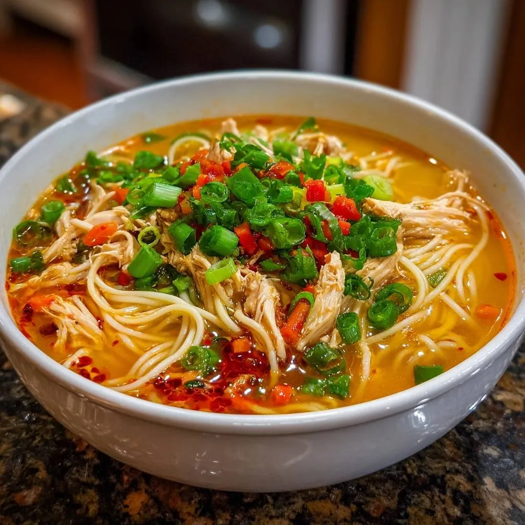 Spicy shredded chicken ramen with a close-up of the savory broth, noodles, shredded chicken, and fresh green onion and chili garnish.