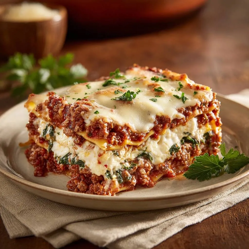 Spinach beef lasagna plated cross-section showing layers of meat sauce, creamy filling, and pasta.