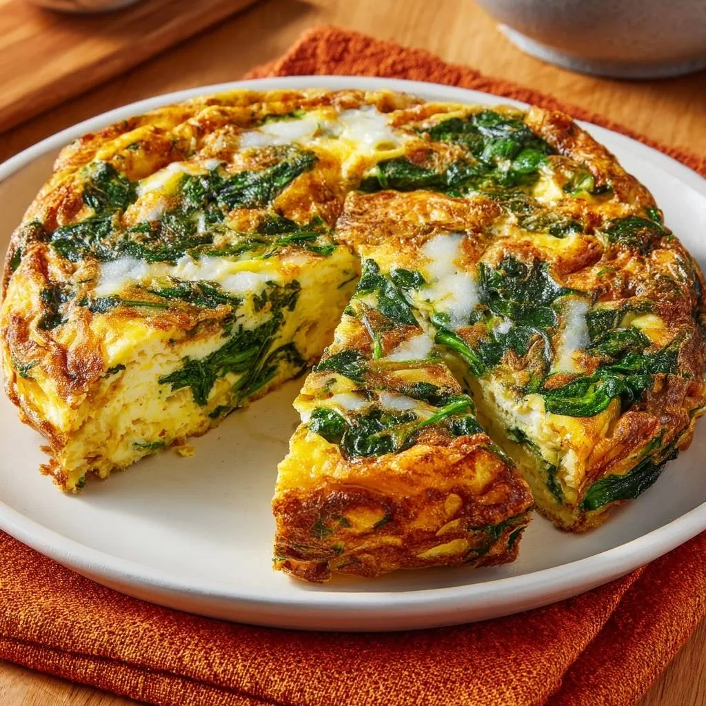 Spinach feta frittata showing a fluffy interior cross-section with visible greens and cheese.
