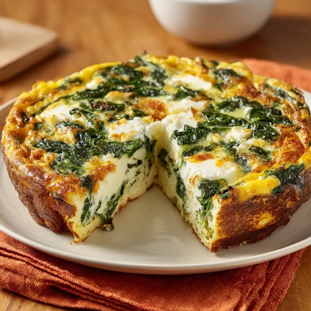 Spinach Feta Frittata showing a thick cross-section slice with fluffy egg and visible spinach.
