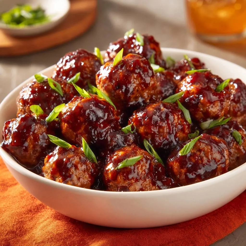 Sticky glazed beef meatballs glistening in a white bowl, garnished with fresh green scallions.