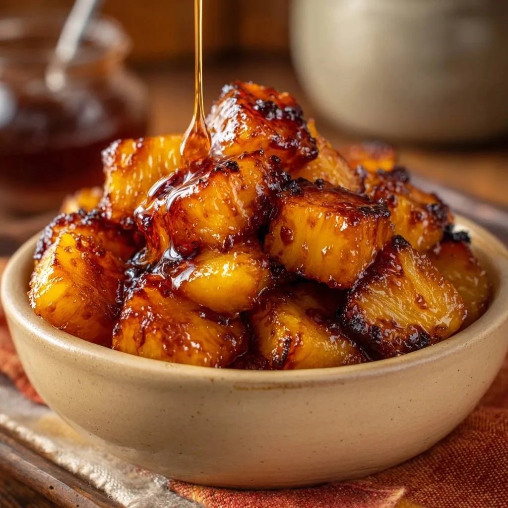 Sticky honey glazed pineapple pieces being drizzled with golden syrup in a rustic bowl.