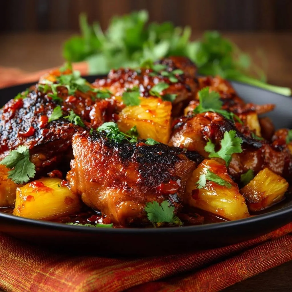 Sticky pineapple glazed chicken wings close-up, showing the glistening glaze, tender chicken, and fresh cilantro garnish.
