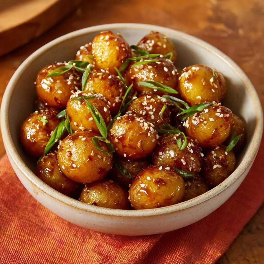 Sticky soy glazed baby potatoes served in a bowl, generously garnished with sesame seeds and chopped green onions.