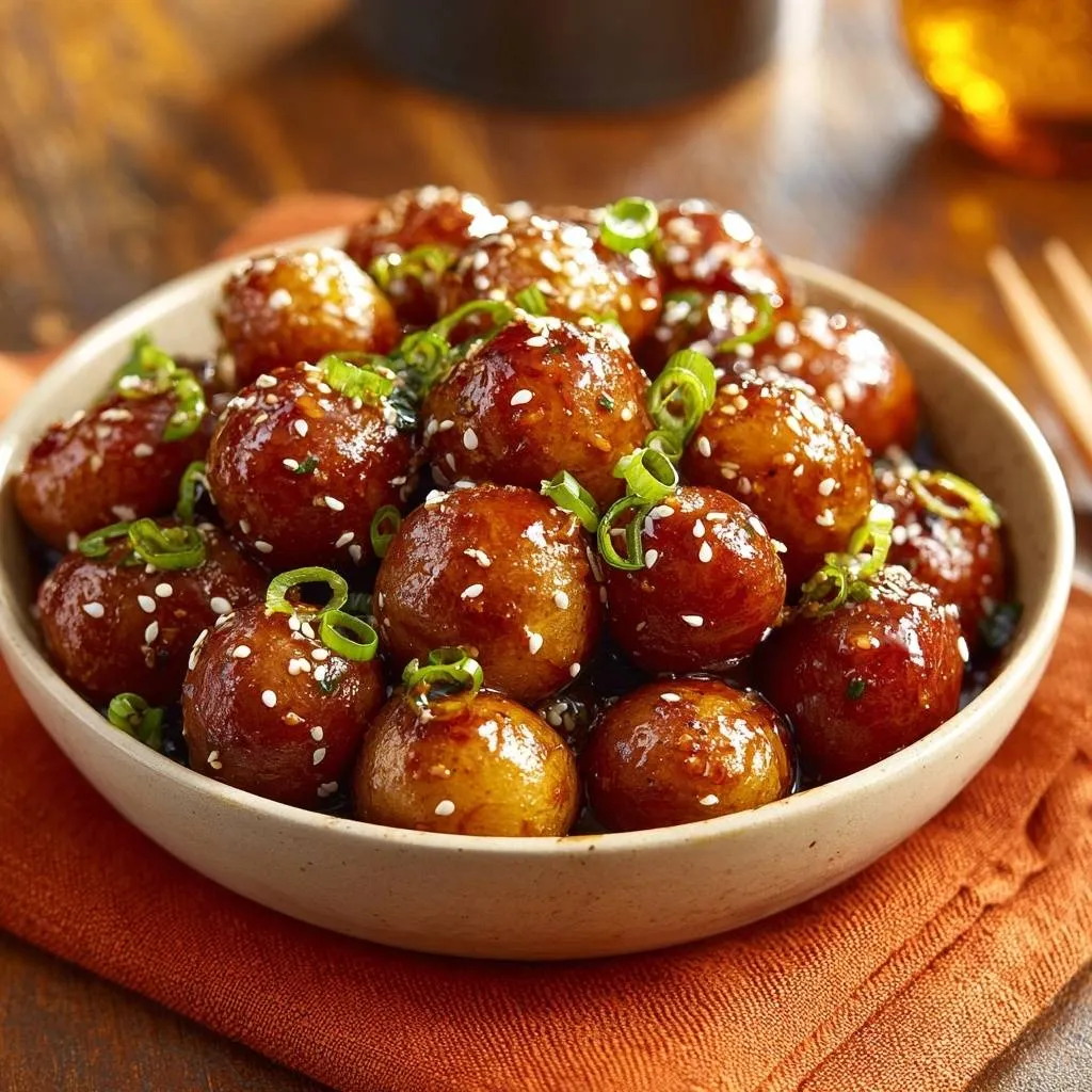 Sticky soy glazed baby potatoes in a bowl, garnished with sesame seeds and chopped green onions.