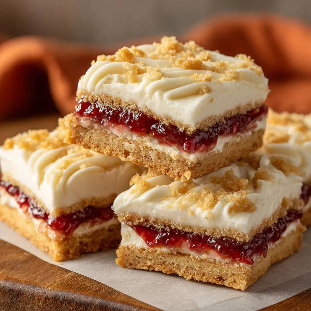 Strawberry graham stacks show a cross-section of the crisp base, jam layer, and creamy frosting.
