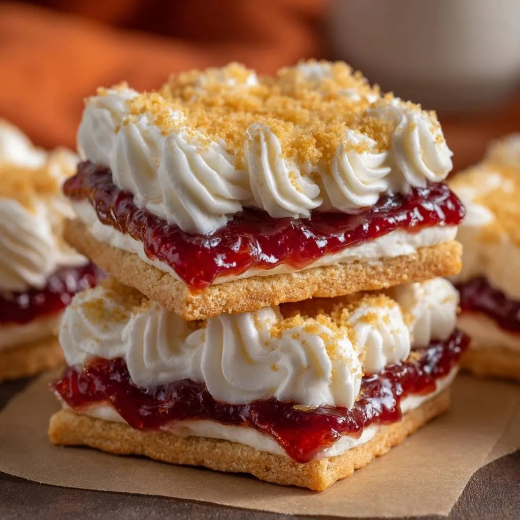 Strawberry graham stacks, a no-bake dessert, are stacked and shown in a close-up view with layers of cream and jam.